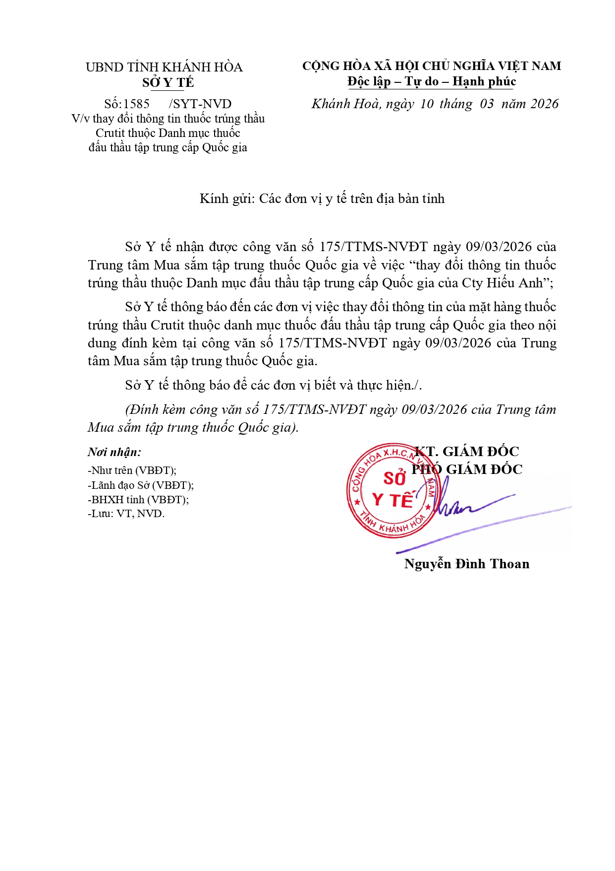 V/v thay đổi thông tin thuốc trúng thầu Crutit thuộc Danh mục thuốc đấu thầu tập trung cấp Quốc gia